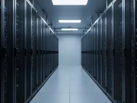 Reihen von leeren, dunklen Serverracks in einem modern beleuchteten Rechenzentrum, die den technischen Wartungsaufwand symbolisieren. - Foto: über boerse-global.de