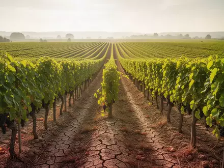 Weite, sonnenbeschienene Weinberge in der Champagne mit trockener Erde zwischen den Reben bei sommerlicher Hitze. - Foto: über boerse-global.de