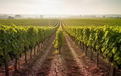 Weite, sonnenbeschienene Weinberge in der Champagne mit trockener Erde zwischen den Reben bei sommerlicher Hitze. - Foto: über boerse-global.de