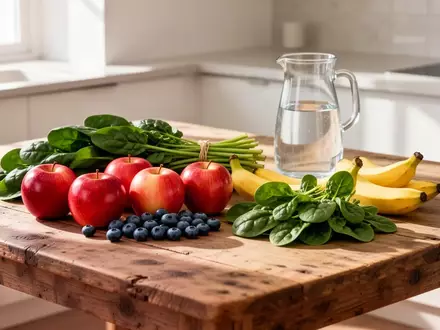 Frisches Obst wie Äpfel, Blaubeeren und Bananen neben grünem Blattgemüse und einem Krug Wasser auf einem Holztisch. - Foto: über boerse-global.de
