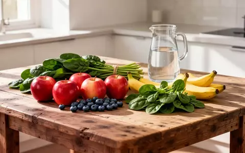 Frisches Obst wie Äpfel, Blaubeeren und Bananen neben grünem Blattgemüse und einem Krug Wasser auf einem Holztisch. - Foto: über boerse-global.de