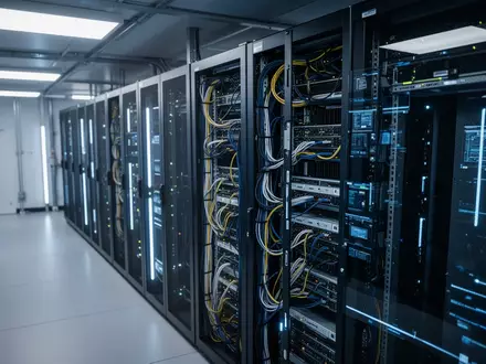 Moderne Serverräume in einem Hochleistungsrechenzentrum mit blau beleuchteten Hardware-Racks. - Foto: über boerse-global.de