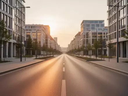 Eine moderne, leere Stadtstraße in Zagreb bei Sonnenuntergang mit Blick auf zeitgenössische Architektur. - Foto: über boerse-global.de