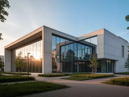 Ein minimalistisches, modernes Verwaltungsgebäude bei Sonnenuntergang mit klaren geometrischen Linien und Glasfassaden. - Foto: über boerse-global.de
