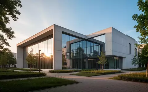 Ein minimalistisches, modernes Verwaltungsgebäude bei Sonnenuntergang mit klaren geometrischen Linien und Glasfassaden. - Foto: über boerse-global.de