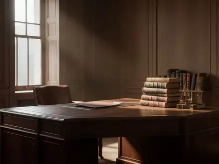 Ein minimalistisches, sonnendurchflutetes Büro mit einem antiken Schreibtisch und ledergebundenen Büchern. - Foto: über boerse-global.de