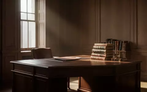 Ein minimalistisches, sonnendurchflutetes Büro mit einem antiken Schreibtisch und ledergebundenen Büchern. - Foto: über boerse-global.de