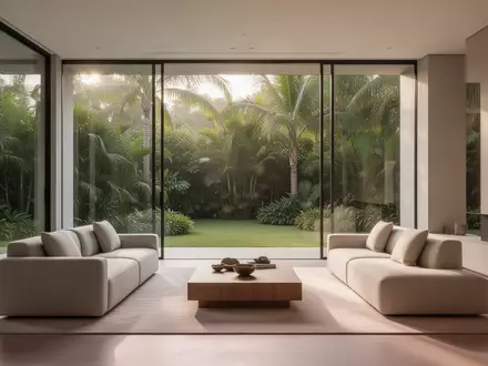 Ein minimalistisch eingerichtetes Wohnzimmer mit großen Fensterfronten und Blick in einen tropischen Garten. - Foto: über boerse-global.de