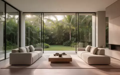 Ein minimalistisch eingerichtetes Wohnzimmer mit großen Fensterfronten und Blick in einen tropischen Garten. - Foto: über boerse-global.de