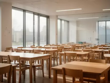 Leere Tische und Stühle in einer modernen Schulkantine in hellen Lichtverhältnissen. - Foto: über boerse-global.de