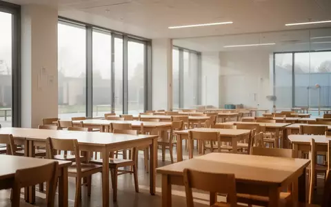 Leere Tische und Stühle in einer modernen Schulkantine in hellen Lichtverhältnissen. - Foto: über boerse-global.de