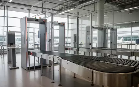 Leerer Sicherheitsbereich an einem Flughafen mit modernen Röntgengeräten und Förderbändern in einer hellen Halle. - Foto: über boerse-global.de