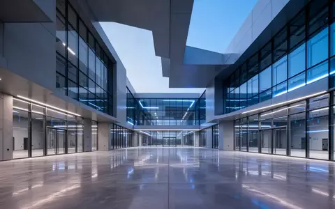 Modernes, minimalistisches Industriegebäude bei Dämmerung mit geometrischer Architektur und reflektierenden Glasfassaden. - Foto: über boerse-global.de