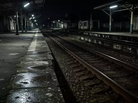 Ein verlassener Bahnsteig bei Nacht mit Schienen und Betonboden in einer ruhigen Bahnhofsumgebung. - Foto: über boerse-global.de