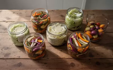 Verschiedene Gläser mit fermentiertem Gemüse wie Sauerkraut und Kimchi auf einem rustikalen Holztisch bei natürlichem Licht. - Foto: über boerse-global.de