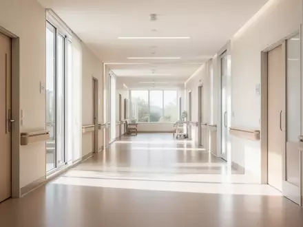 Heller, moderner Innenraum einer Rehabilitationsklinik mit klaren architektonischen Linien und natürlichem Lichteinfall. - Foto: über boerse-global.de