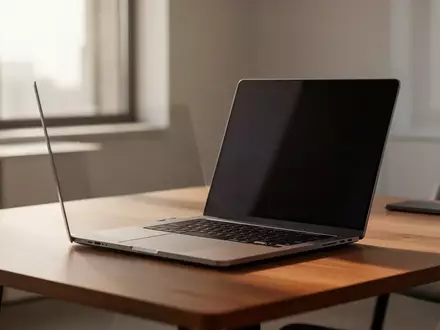 Ein minimalistischer, moderner Schreibtisch mit einem Laptop in einem hellen Büro bei natürlichem Tageslicht. - Foto: über boerse-global.de