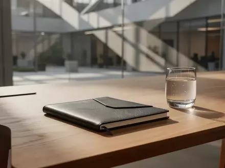 Ein minimalistischer, moderner Arbeitsplatz mit einem Eichenschreibtisch, einem Notizbuch und natürlichem Lichteinfall. - Foto: über boerse-global.de