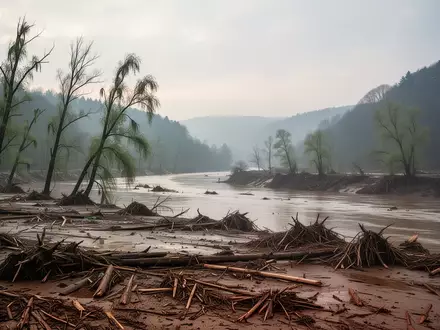 Eine von Hochwasser gezeichnete Flusslandschaft in Deutschland mit Trümmern auf dem Boden und kahlen Bäumen bei bewölktem Himmel. - Foto: über boerse-global.de