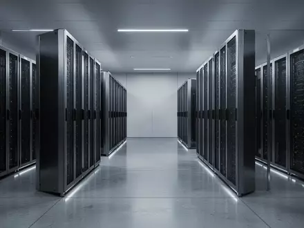 Ein moderner, minimalistischer Serverraum mit symmetrisch angeordneten, metallischen Speicherregalen in kühlem Licht. - Foto: über boerse-global.de