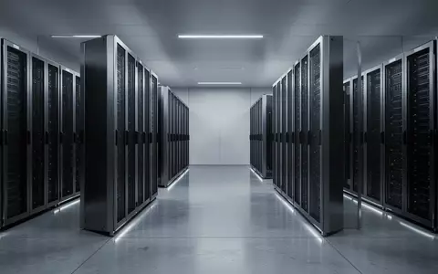 Ein moderner, minimalistischer Serverraum mit symmetrisch angeordneten, metallischen Speicherregalen in kĂĽhlem Licht. - Foto: ĂĽber boerse-global.de