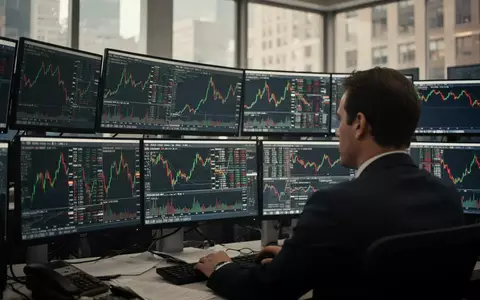 Ein Börsenhändler blickt auf Monitore mit Aktienkurven in einem modernen Handelsraum. - Foto: über boerse-global.de