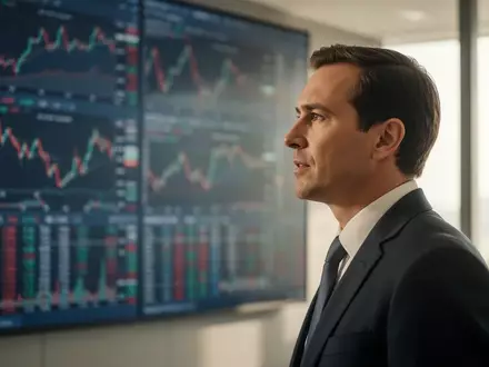 Ein Investor blickt in einem modernen Büro auf eine Wand mit unscharfen Finanzdiagrammen. - Foto: über boerse-global.de