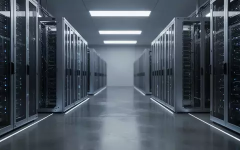 Moderne, minimalistische Serverraum-Architektur mit symmetrischen Serverschränken in einer kühlen, technologischen Umgebung. - Foto: über boerse-global.de