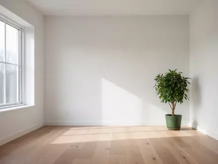 Ein helles, minimalistisch eingerichtetes skandinavisches Wohnzimmer mit Holzboden und einer Zimmerpflanze bei Tageslicht. - Foto: über boerse-global.de