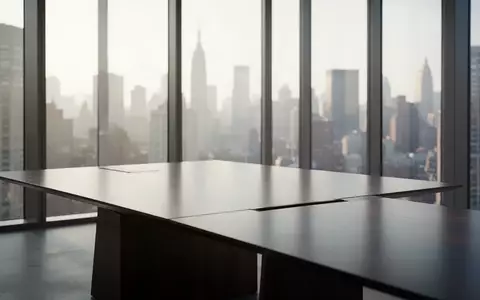 Ein minimalistischer Konferenztisch in einem modernen Bürogebäude mit Blick auf die Stadt, symbolisch für strategische Managemententscheidungen. - Foto: über boerse-global.de