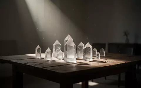Abstrakte, lichtdurchflutete Glaskörper auf einem Holztisch, die das Licht brechen und eine Atmosphäre der Unschärfe erzeugen. - Foto: über boerse-global.de