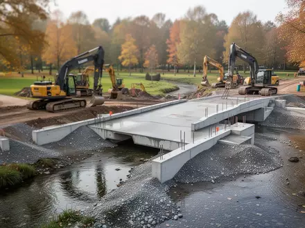 Baustelle an einem kleinen Flusslauf mit neuer Betonbrücke im Bau, umgeben von herbstlicher Natur in Chemnitz. - Foto: über boerse-global.de