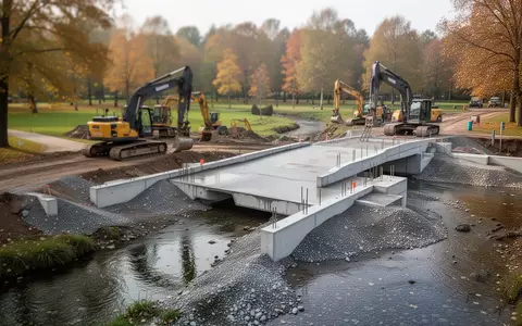 Baustelle an einem kleinen Flusslauf mit neuer Betonbrücke im Bau, umgeben von herbstlicher Natur in Chemnitz. - Foto: über boerse-global.de
