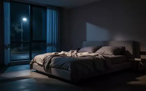 Ein minimalistisch eingerichtetes Schlafzimmer bei Nacht, das nur von einem schwachen, bläulichen Lichtschein durch das Fenster beleuchtet wird. - Foto: über boerse-global.de