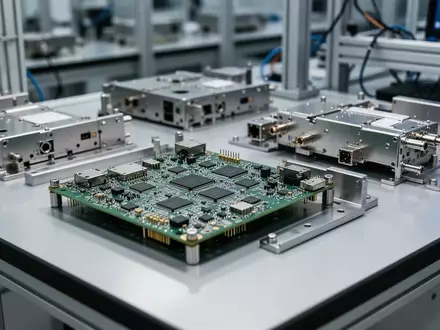 Hochpräzise elektronische Bauteile und Leiterplatten auf einer sauberen Werkbank in einer Industriefertigung. - Foto: über boerse-global.de
