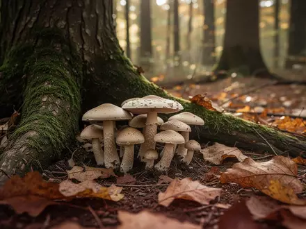 Nahaufnahme von wild wachsenden Pilzen auf einem moosbewachsenen Waldboden zwischen herbstlichem Laub. - Foto: über boerse-global.de