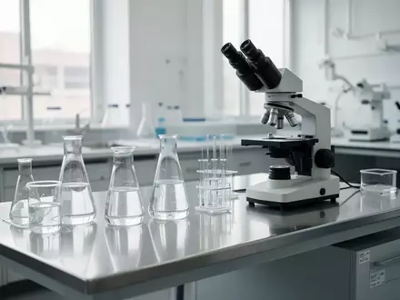 Ein steriler Labortisch in einem zahnmedizinischen Forschungslabor mit Glasbechern und einem Mikroskop in natürlichem Licht. - Foto: über boerse-global.de