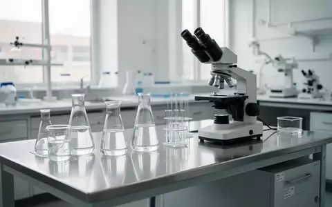 Ein steriler Labortisch in einem zahnmedizinischen Forschungslabor mit Glasbechern und einem Mikroskop in natürlichem Licht. - Foto: über boerse-global.de
