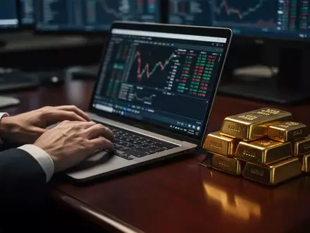 Nahaufnahme von Goldbarren auf einem Schreibtisch neben einem Laptop in einem professionellen Büro. - Foto: über boerse-global.de