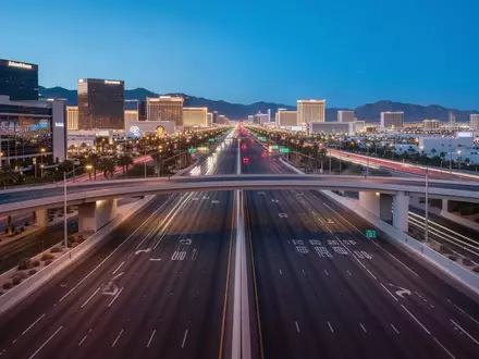 Eine weitläufige, beleuchtete Stadtstraße in Las Vegas bei Dämmerung ohne Fahrzeuge oder Personen. - Foto: über boerse-global.de