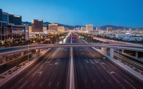 Eine weitläufige, beleuchtete Stadtstraße in Las Vegas bei Dämmerung ohne Fahrzeuge oder Personen. - Foto: über boerse-global.de