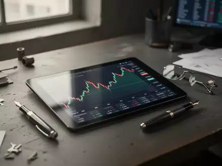 Ein Schreibtisch in einem Büro mit einem verschwommenen Tablet, das einen fallenden Aktienchart anzeigt. - Foto: über boerse-global.de