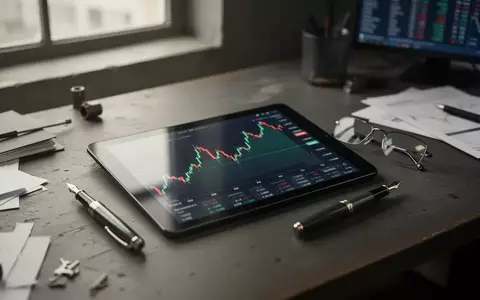 Ein Schreibtisch in einem Büro mit einem verschwommenen Tablet, das einen fallenden Aktienchart anzeigt. - Foto: über boerse-global.de