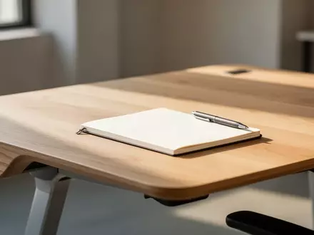 Ein minimalistischer, heller Arbeitsplatz mit einem Eichenschreibtisch und einem Notizbuch in natürlichem Morgenlicht. - Foto: über boerse-global.de
