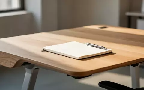 Ein minimalistischer, heller Arbeitsplatz mit einem Eichenschreibtisch und einem Notizbuch in natürlichem Morgenlicht. - Foto: über boerse-global.de
