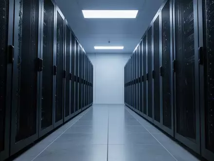 Ein moderner, minimalistischer Serverraum mit dunklen Metall-Serverracks in einer kühlen, blau beleuchteten Industrieumgebung. - Foto: über boerse-global.de