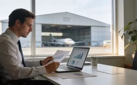 Ein Finanzanalyst arbeitet an einem Laptop in einem modernen Büro mit Blick auf einen Hangar. - Foto: über boerse-global.de