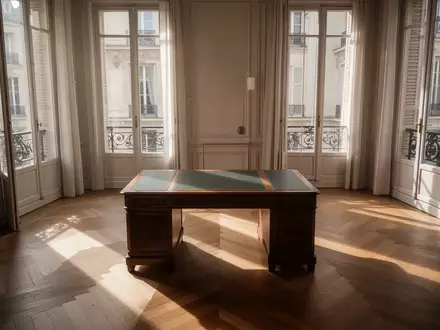 Ein sonnendurchflutetes, leeres Arbeitszimmer in einer klassischen französischen Wohnung mit Parkettboden und einem antiken Schreibtisch. - Foto: über boerse-global.de