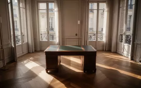 Ein sonnendurchflutetes, leeres Arbeitszimmer in einer klassischen französischen Wohnung mit Parkettboden und einem antiken Schreibtisch. - Foto: über boerse-global.de