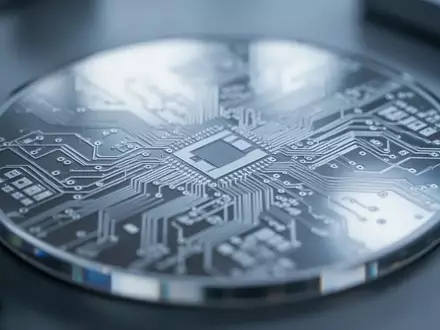 Nahaufnahme eines Silizium-Wafers mit mikroskopischen Schaltkreisstrukturen in einer industriellen Fertigungsumgebung. - Foto: über boerse-global.de
